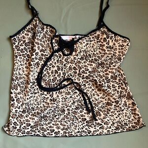 Y2K Leopard Satin Semi Sheer Cami Trim Top